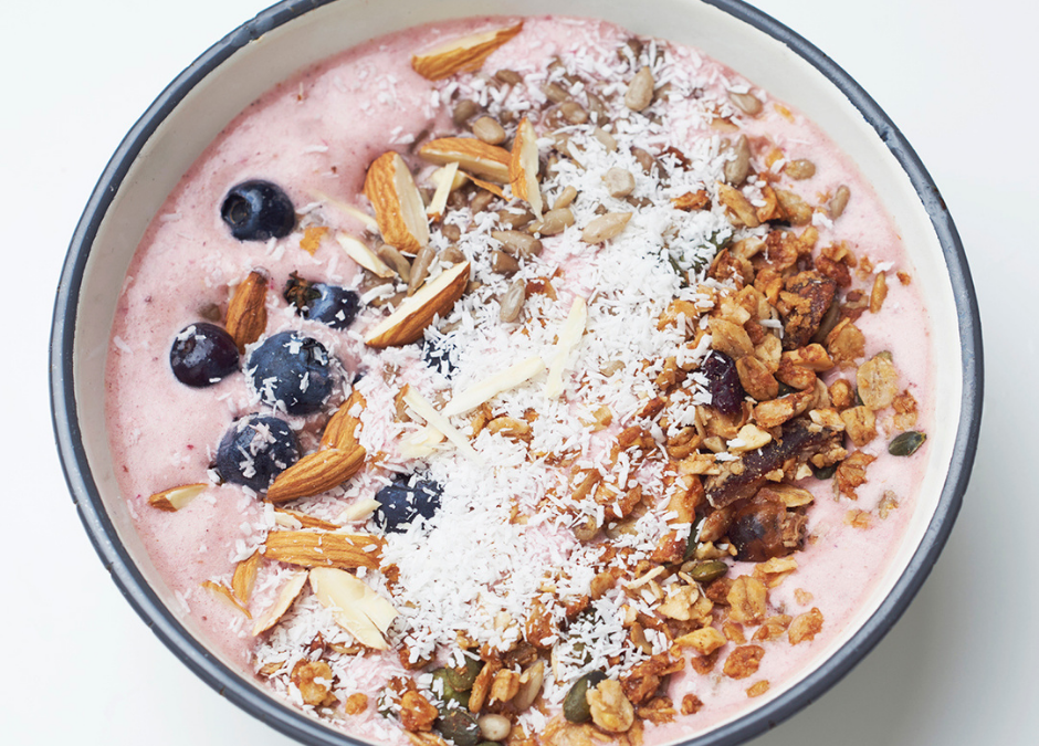Healthy berry smoothie bowl to have for breakfast or for a sweet snack.